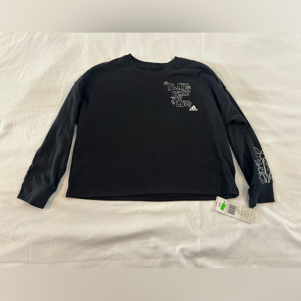 Adidas Girls Graphic Long Sleeve Tee Black Play What You Love Size S NWT